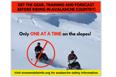 This 940 pixel x 788 pxel social-media meme warns of the danger of snowmobiling in avalanche country. 'Get the gear, training and forecast.'