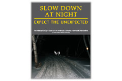 Vertical Poster of Snowmobilers and text ‘Slow Down at Night. Expect the Unexpected'
