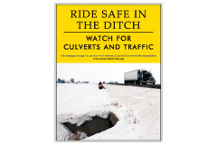 Vertical Poster of Snowmobilers and text ‘Ride Safe in the Ditch. Watch for Culverts and Traffic.'